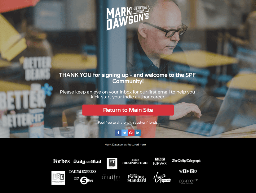 Account Creation Confirmation Thank You Page Examples Mark Dawson SPF Community Writing Tips and Social Proof