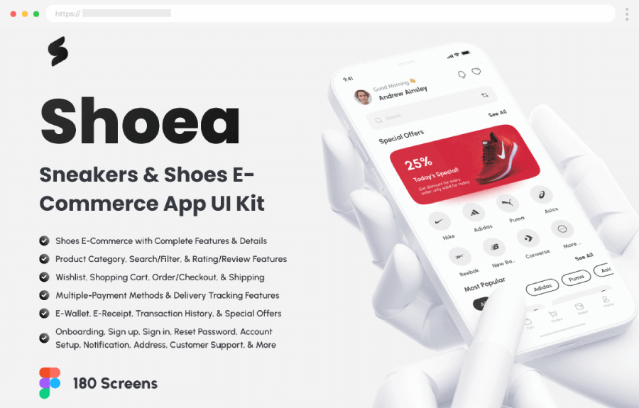 Mobile App Design Templates Shoea - Sneakers & Shoes E-Commerce App UI Kit by Sobakhul Munir Siroj