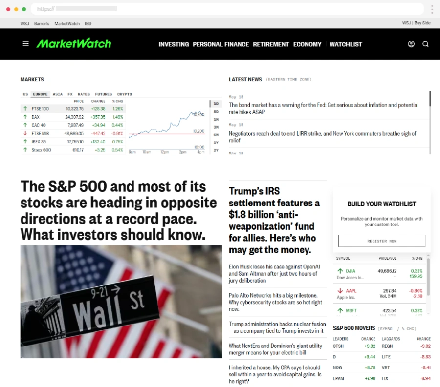 Finance Websites Example 10 Market Watch